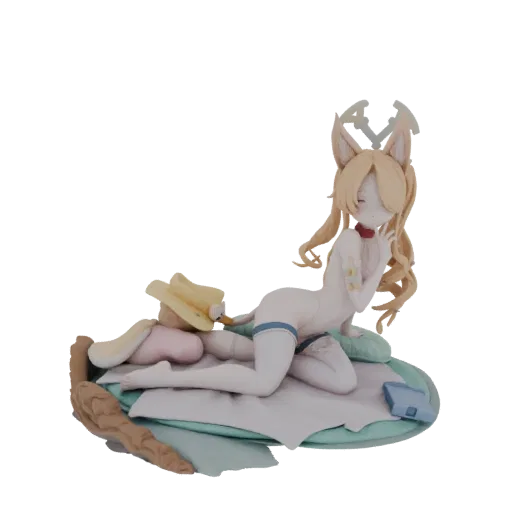 3D модель персонажа Неко Мейд с кошачьими ушами, лежащая на подушках в игривой позе.