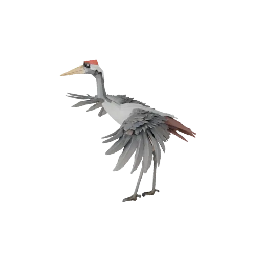 Низкополигональная 3D-модель журавля, вид сбоку в игровом ракурсе, низкополигональная модель животного с детализацией хвоста,