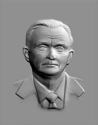 3D модель барельефа пожилого мужчины в костюме, вид спереди