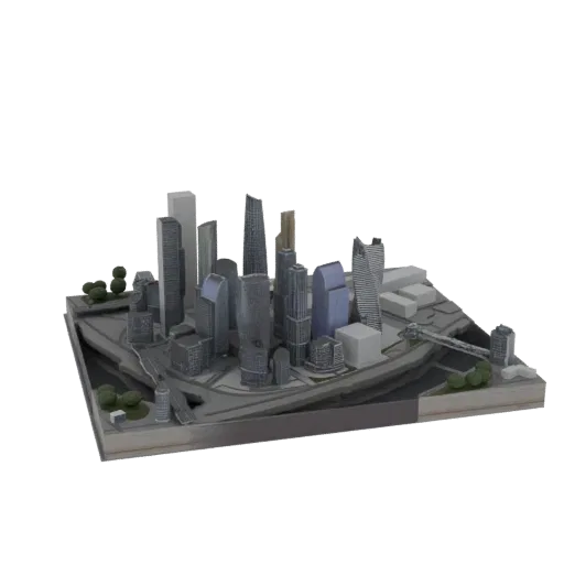3D-модель диорамы современного города с различными небоскребами и эстакадой, выполненная в оттенках серого.