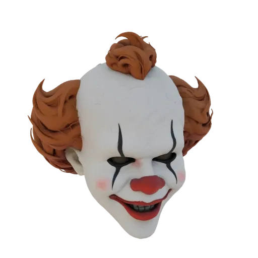 3D модель маски Пеннивайза из фильма "Оно" с белым лицом, красным носом и рыжими волосами.