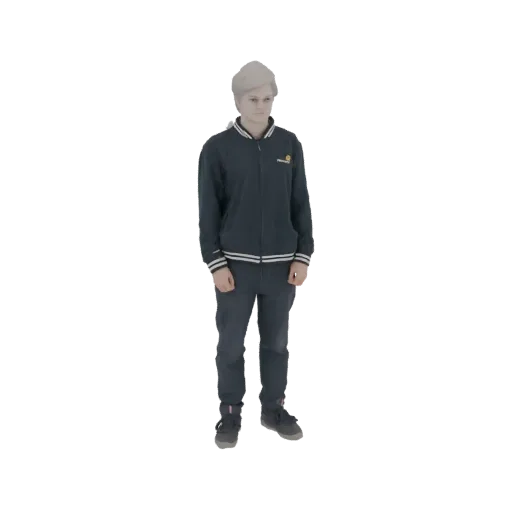 3D модель молодого человека стоит в темном спортивном костюме и серых кроссовках.