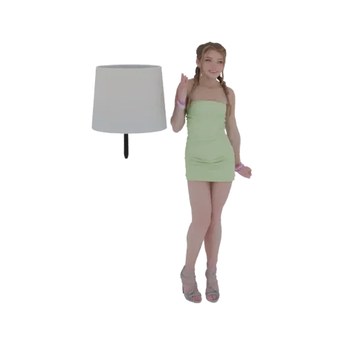 3D модель молодой девушки в платье цвета лайма и серебряных туфлях, с косичками, стоящей рядом с белым абажуром.