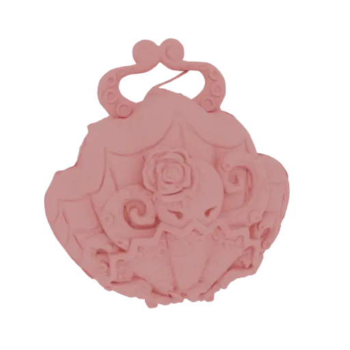 Детальный 3D рендер изящного розового кулона с центральной розой и декоративными завитками на белом фоне.