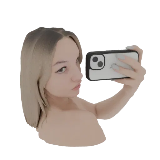 3D модель молодой женщины со светлыми волосами, делающей селфи с белым iPhone, вид сбоку.