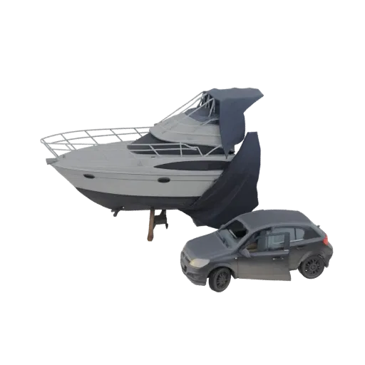 3D модель роскошной яхты под брезентом, припаркованной рядом со спортивным автомобилем темно-серого цвета с открытыми дверями