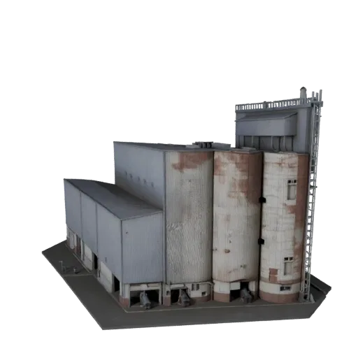 Печатная STL 3D модель силоса для зерна, изометрический вид, показывающий промышленные строительные материалы и архитектурные