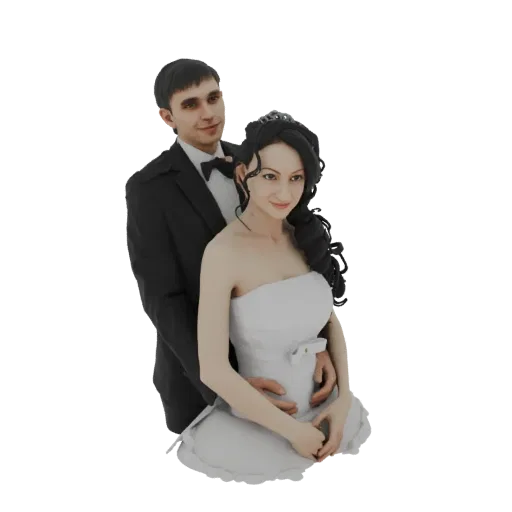 3D модель свадебной пары, жених обнимает невесту сзади. Невеста в белом свадебном платье, жених в черном смокинге.