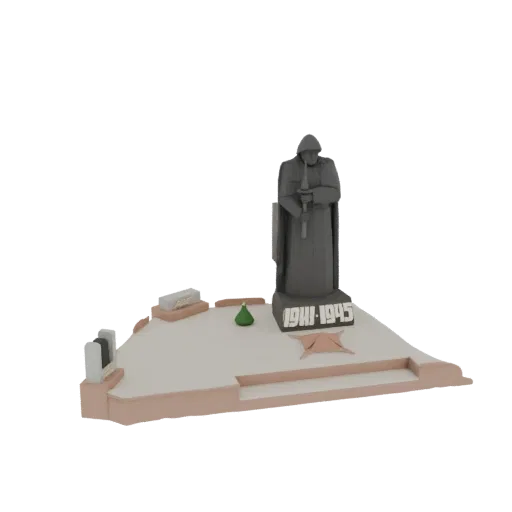 3D модель памятника советскому солдату со статуей, датами 1941-1945 и надгробием на многоуровневом основании.