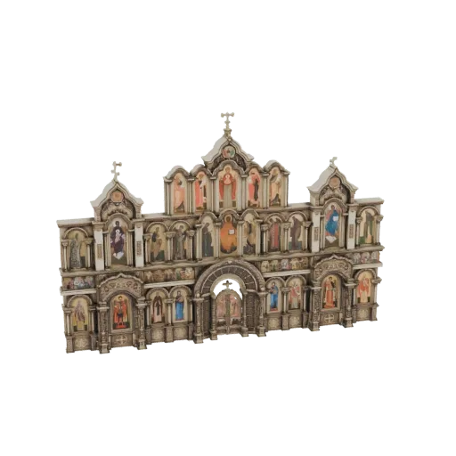 3D модель фасада православного иконостаса с многоярусными резными колоннами, арками и росписью религиозных икон.