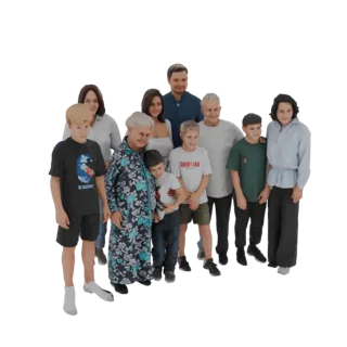 3D-модель группы поколений семьи, позирующей вместе, включая бабушек и дедушек, родителей и детей.
