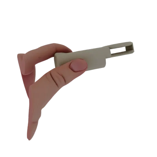 3D модель реалистичной человеческой руки, держащей мелкий, светлый предмет с прямоугольным отверстием.