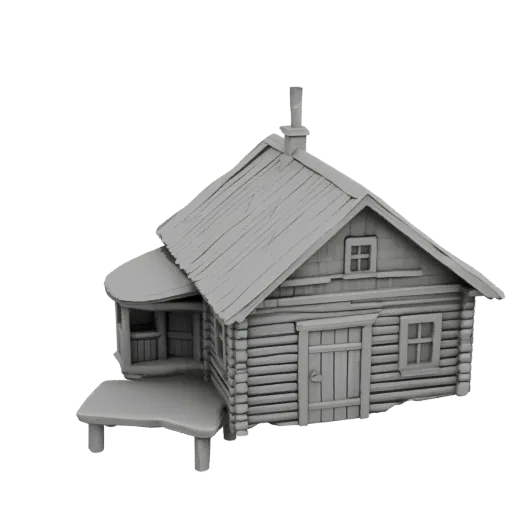 3D модель деревенской избы с крыльцом и дымоходом, в нейтральном сером цвете.