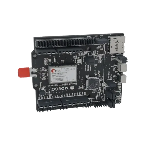 3D-модель платы MOECO NB-IoT, черная печатная плата с антенной и разъемами.