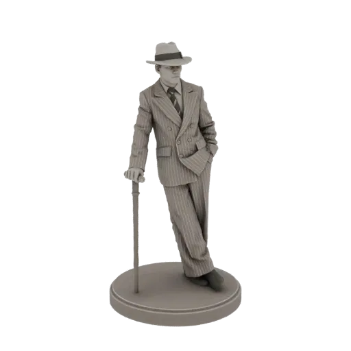 3D модель гангстера 1930-х в костюме в полоску и шляпе федора, опирающегося на трость, на круглой подставке.