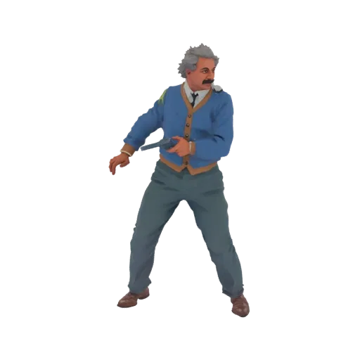 3D модель Альберта Эйнштейна в синем кардигане и серых брюках, держащего револьвер в динамичной позе.