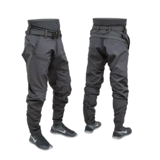 3D-модель темно-серых брюк карго в стиле techwear с тактическим ремнем и спортивными кроссовками, вид спереди и сзади.