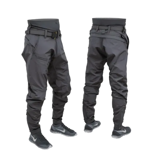 3D-модель темно-серых брюк карго в стиле techwear с тактическим ремнем и спортивными кроссовками, вид спереди и сзади.