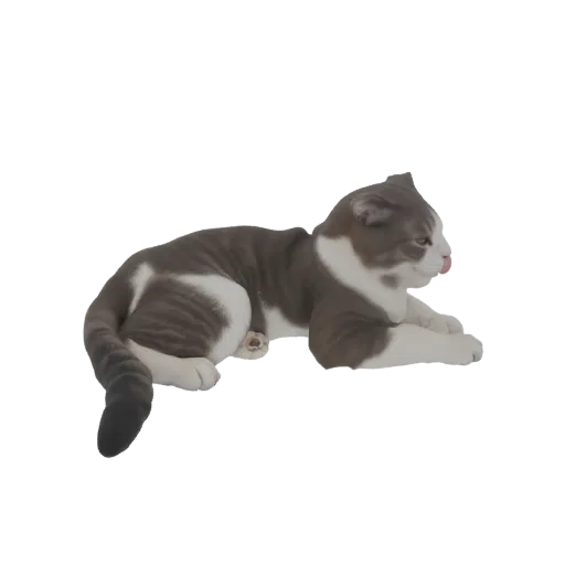 3D модель серо-белой полосатой кошки лежащей с высунутым языком, смотрящей вправо.
