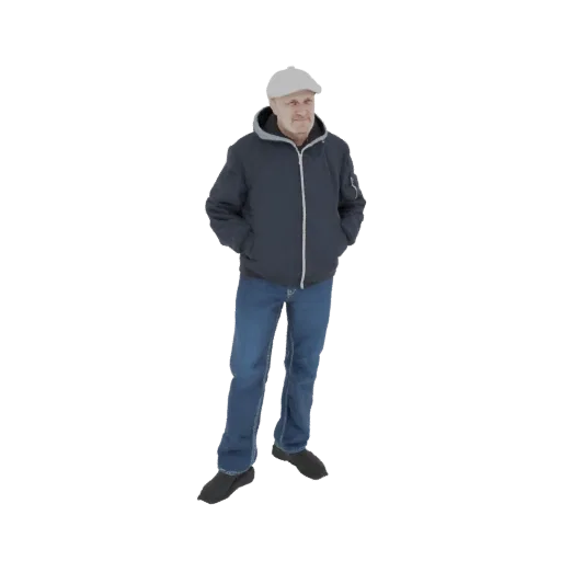 3D модель мужчины средних лет в белой кепке, темной куртке и синих джинсах, стоящего с руками в карманах.