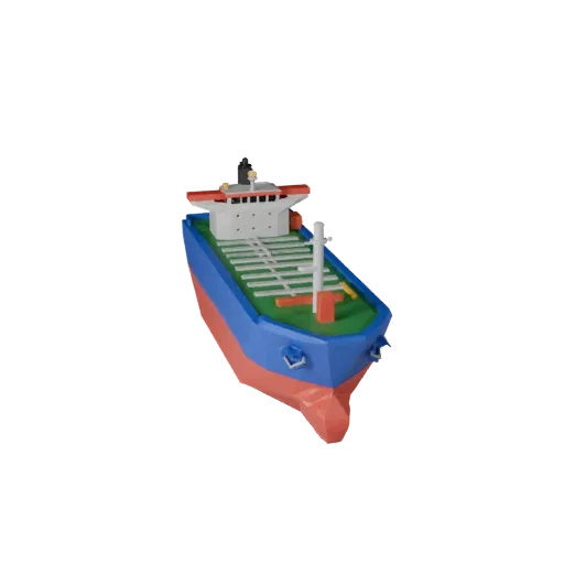 Низкополигональная 3D-модель грузового судна, вид из игрового окна в три четверти, низкополигональный актив водного транспорт