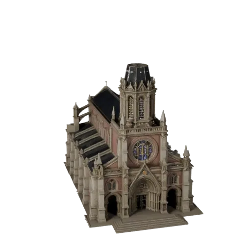 Высокополигональная 3D-модель собора, крупный план архитектурного рендера, показывающий материалы общедоступного здания и арх
