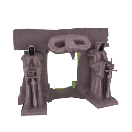 3D модель древних каменных врат с двумя статуями стражей в капюшонах и змеей над ними.