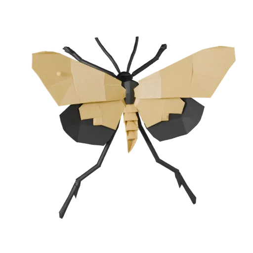 Low Poly Luna Moth 3D модель, вид сбоку рендер дикой природы, стилизованный ассет животного с разделением грудной клетки, рит