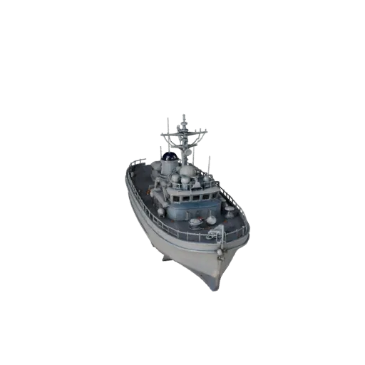 3D модель Винтажного патрульного катера, вид в игровом окне три четверти, готовый для Unity актив транспортного средства с ко