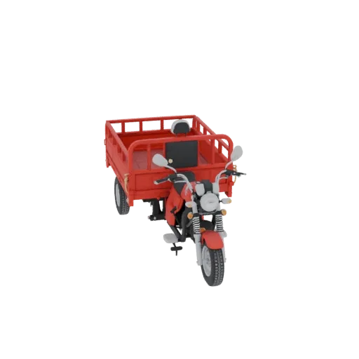 3D модель красного электрического грузового трицикла с мотоциклетной передней частью и большой грузовой платформой