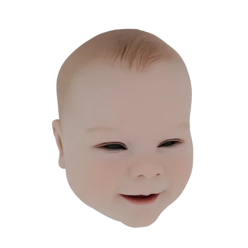 3D модель детского лица с мягкими щечками и нежной улыбкой, на черном фоне.