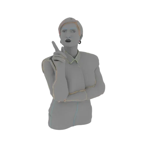 3D модель женщины с короткой стрижкой, в рубашке с воротником, поднимающей указательный палец в задумчивом жесте.