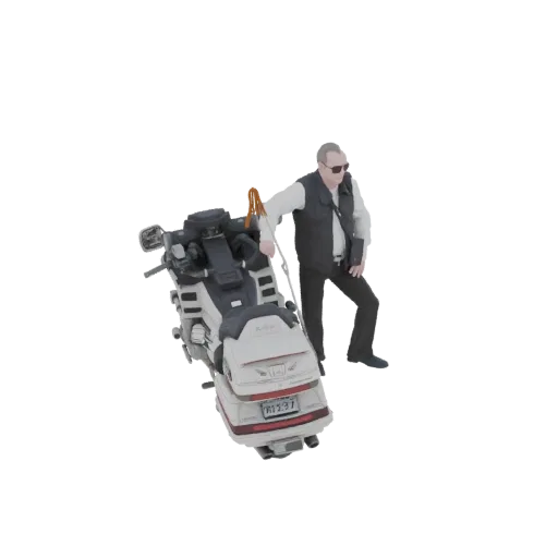 3D модель мужчины в жилетке и очках, опирающегося на мотоцикл, в реалистичном стиле.