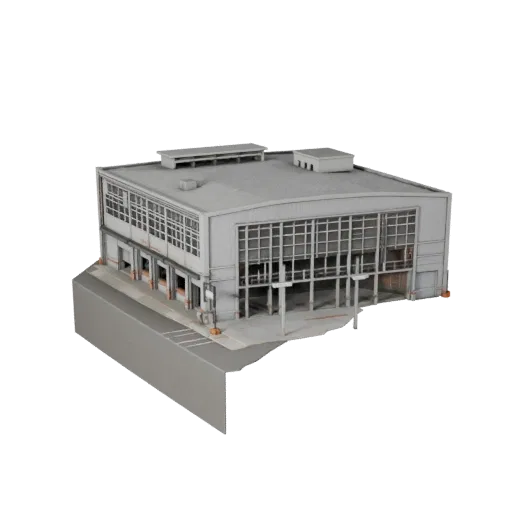 Печатная STL 3D модель центра распределения, изометрический вид, показывающий промышленные строительные материалы и архитекту