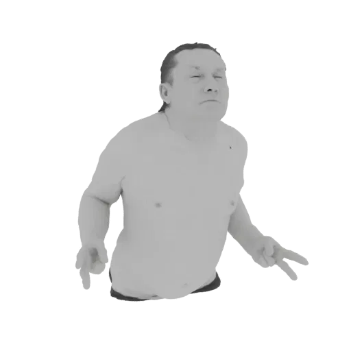 3D модель мужчины с закрытыми глазами, поднятыми руками, делающего знак мира обеими руками, в монохромном художественном стил