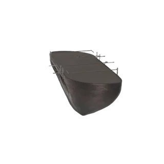 3D модель темно-серого корпуса лодки с кабиной и текстурированной поверхностью, показанная сбоку.