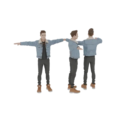 3D модель мужчины в джинсовой куртке и серых брюках в T-pose, вид спереди и сбоку.