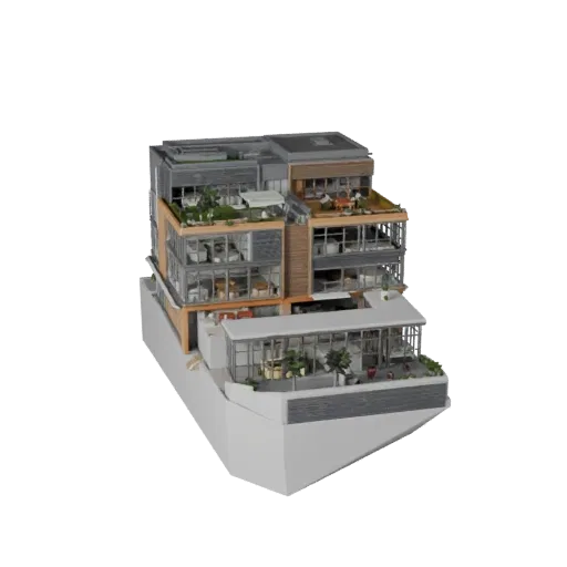 Стилизованная 3D-модель офисного здания коворкинга, изометрический вид стилизованного игрового окружения, показывающий матери