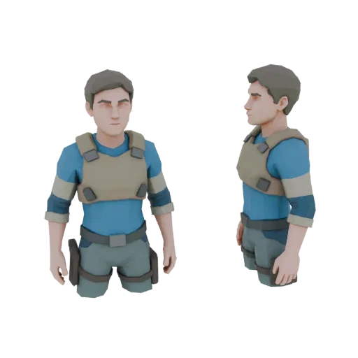 Низкополигональная 3D модель персонажа тактического оператора, вид спереди и сбоку, с тактическим жилетом и подсумками.