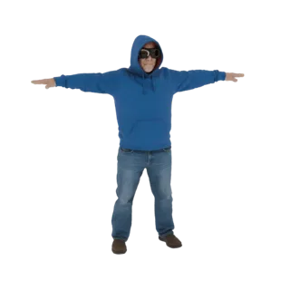 3D модель мужчины в синей толстовке и очках, стоящего в позе T с раскинутыми руками.