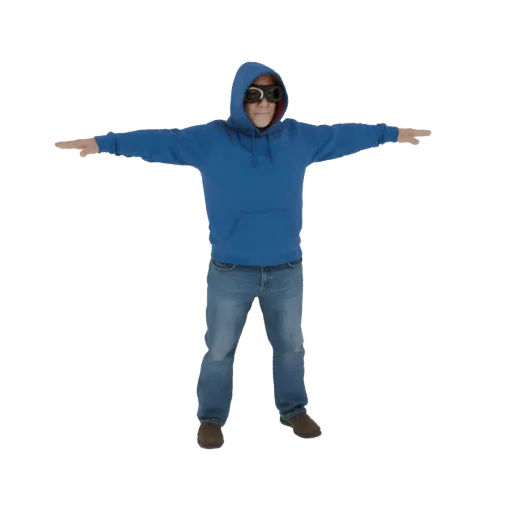 3D модель мужчины в синей толстовке и очках, стоящего в позе T с раскинутыми руками.