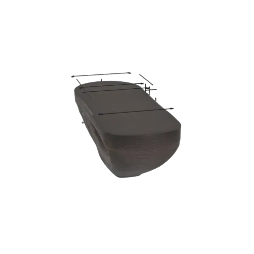 3D модель темно-коричневого овального журнального столика на черных металлических ножках, вид под небольшим углом.