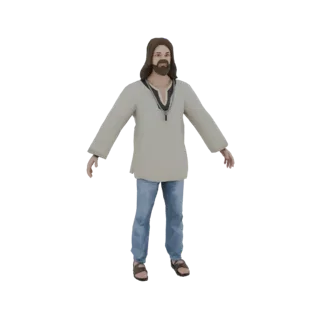 3D-модель Иисуса Христа, стоящего с слегка раскинутыми руками, одетого в бежевую тунику, синие джинсы и коричневые сандалии.
