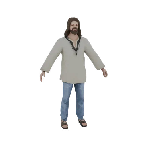 3D-модель Иисуса Христа, стоящего с слегка раскинутыми руками, одетого в бежевую тунику, синие джинсы и коричневые сандалии.