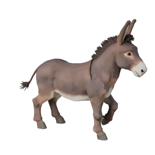 Низкополигональная 3D-модель осла, вид сбоку в игровой камере, низкополигональный ассет животного с изгибом шеи, краями копыт