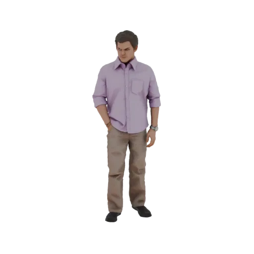 3D модель мужчины в фиолетовой рубашке и брюках цвета хаки, стоящего в непринужденной позе с руками в карманах.