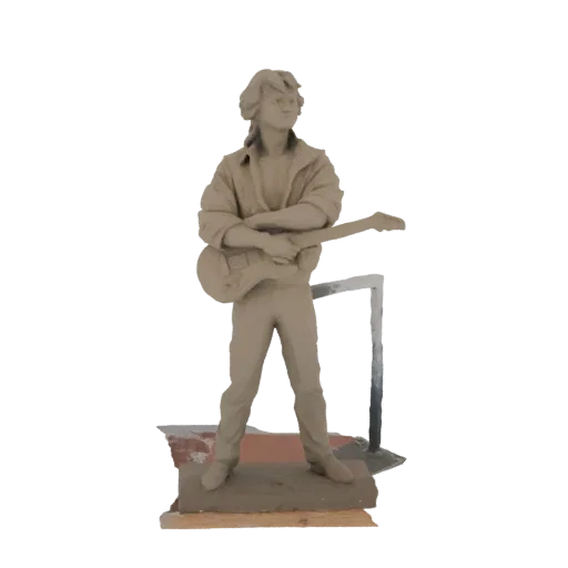 Рендер 3D модели статуэтки молодого гитариста из глины с длинными волосами, держащего электрогитару.