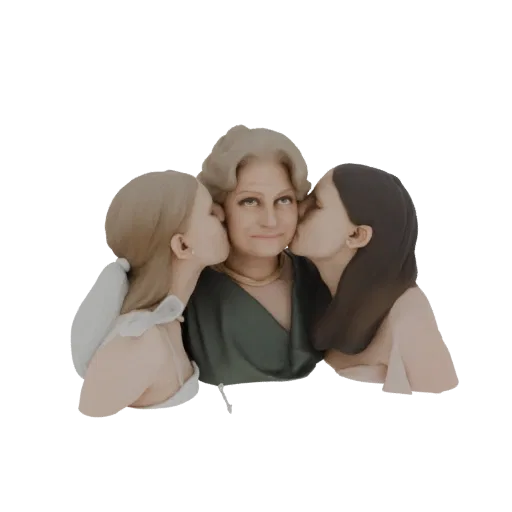 3D-модель бабушки, которую две внучки целуют в обе щеки, с теплым и любящим выражением лица.
