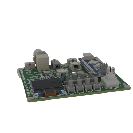 3D модель компактной электронной платы с небольшим дисплеем, пятью серыми кнопками и энкодером на зеленой плате.
