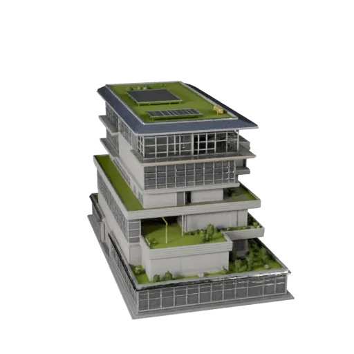 Устойчивое офисное здание, печатная STL 3D модель, изометрический вид, показывающий материалы коммерческого офисного здания и